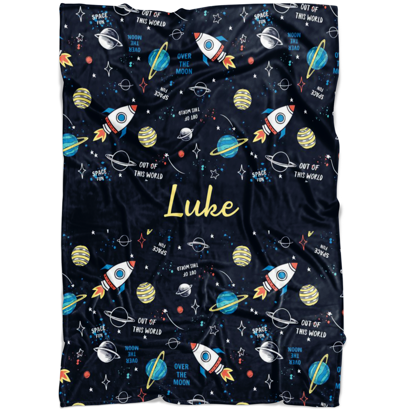 Personalized Name Space Blanket with Rockets & Planets for Boys & Girls - Luke