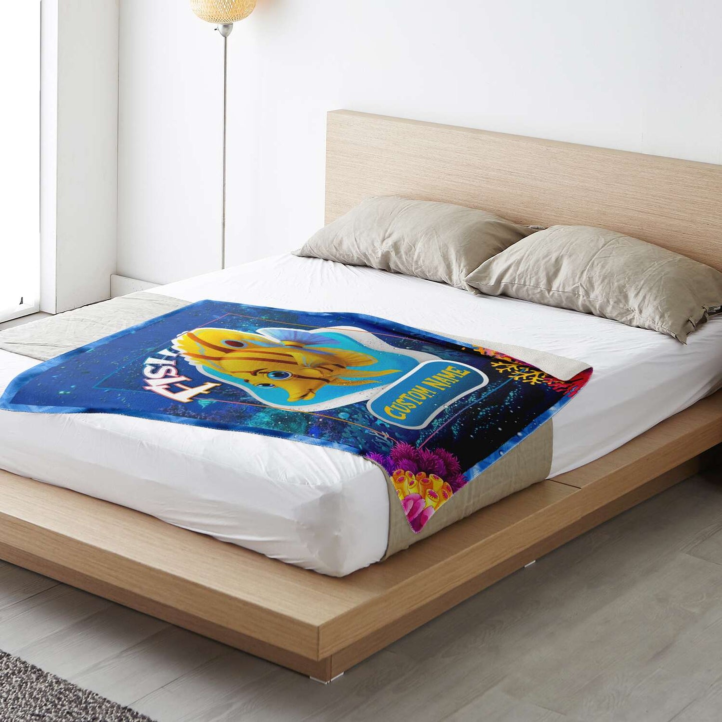 Personalized Name Fish Blanket, Custom Name Sea Animals Blanket for Boys & Girls