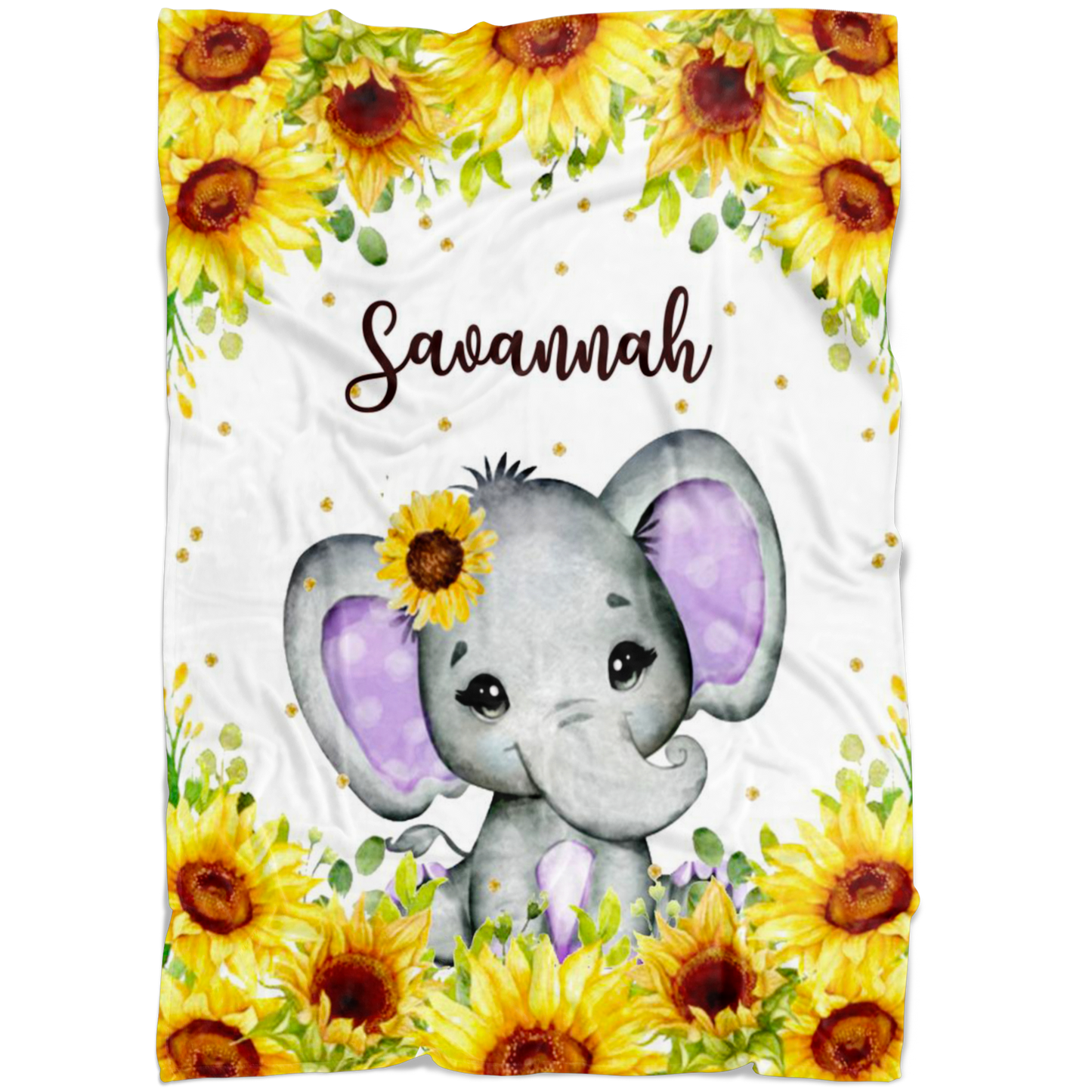 Personalized Name Cute Elephant with Sunflowers Blanket for Girls - Savannah