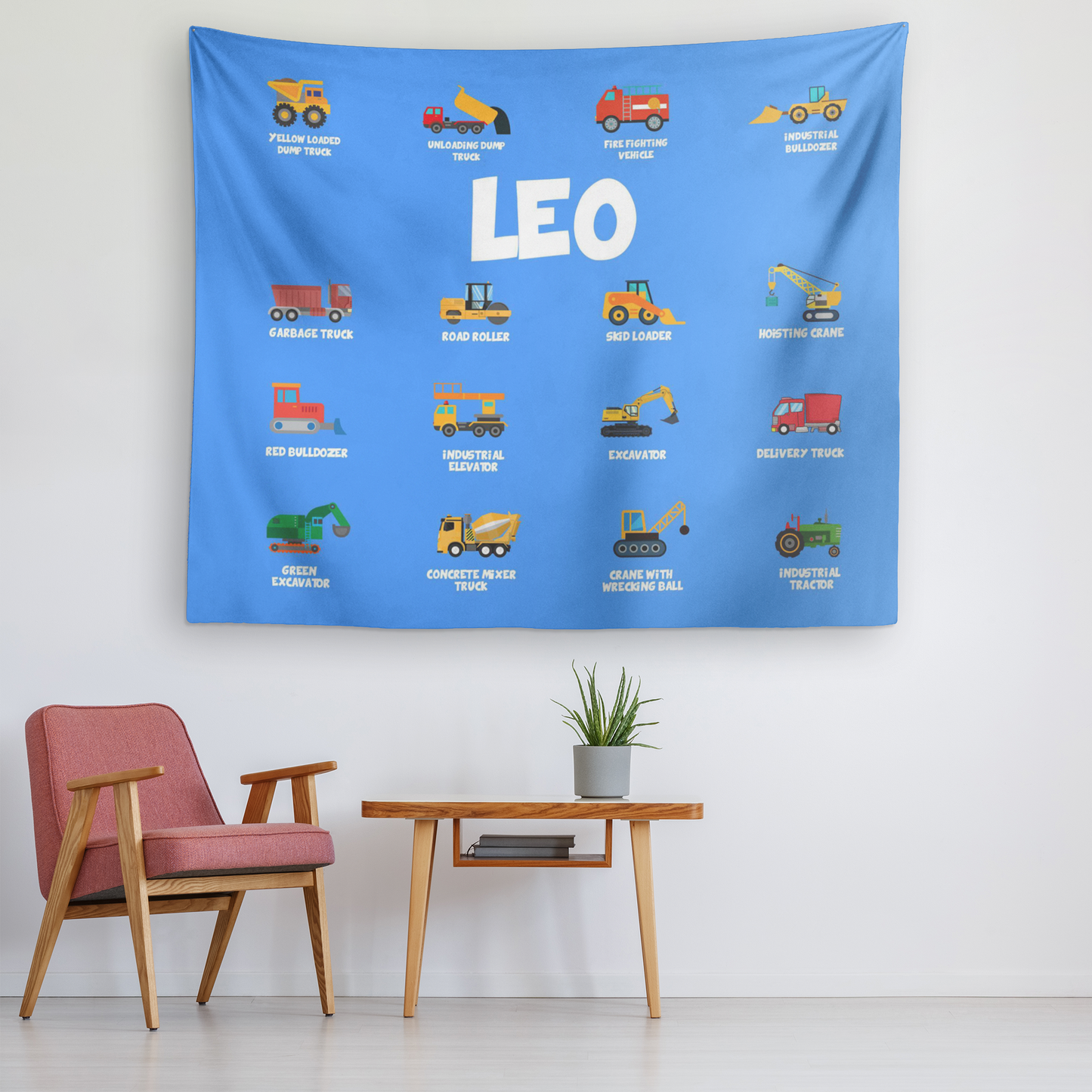 Personalized Name Construction Machines Wall Tapestry for Kids Room - LEO