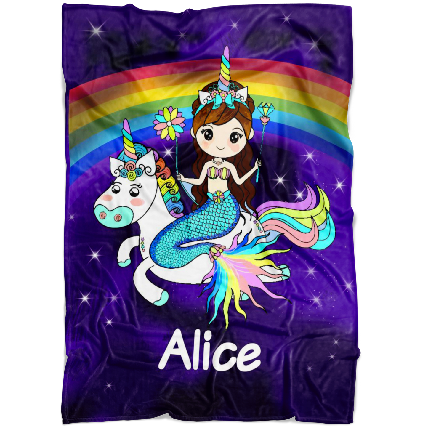 Personalized Name Mermaid & Unicorn Rainbow Blanket for Girls & Boys, Custom Name Blanket for Kids - Alice