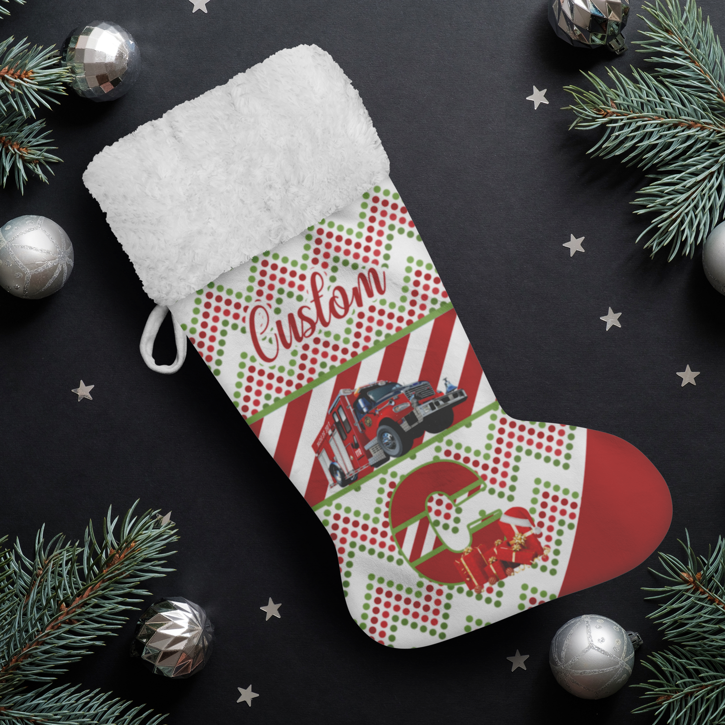 Personalized Name Christmas Stockings with Fire Truck