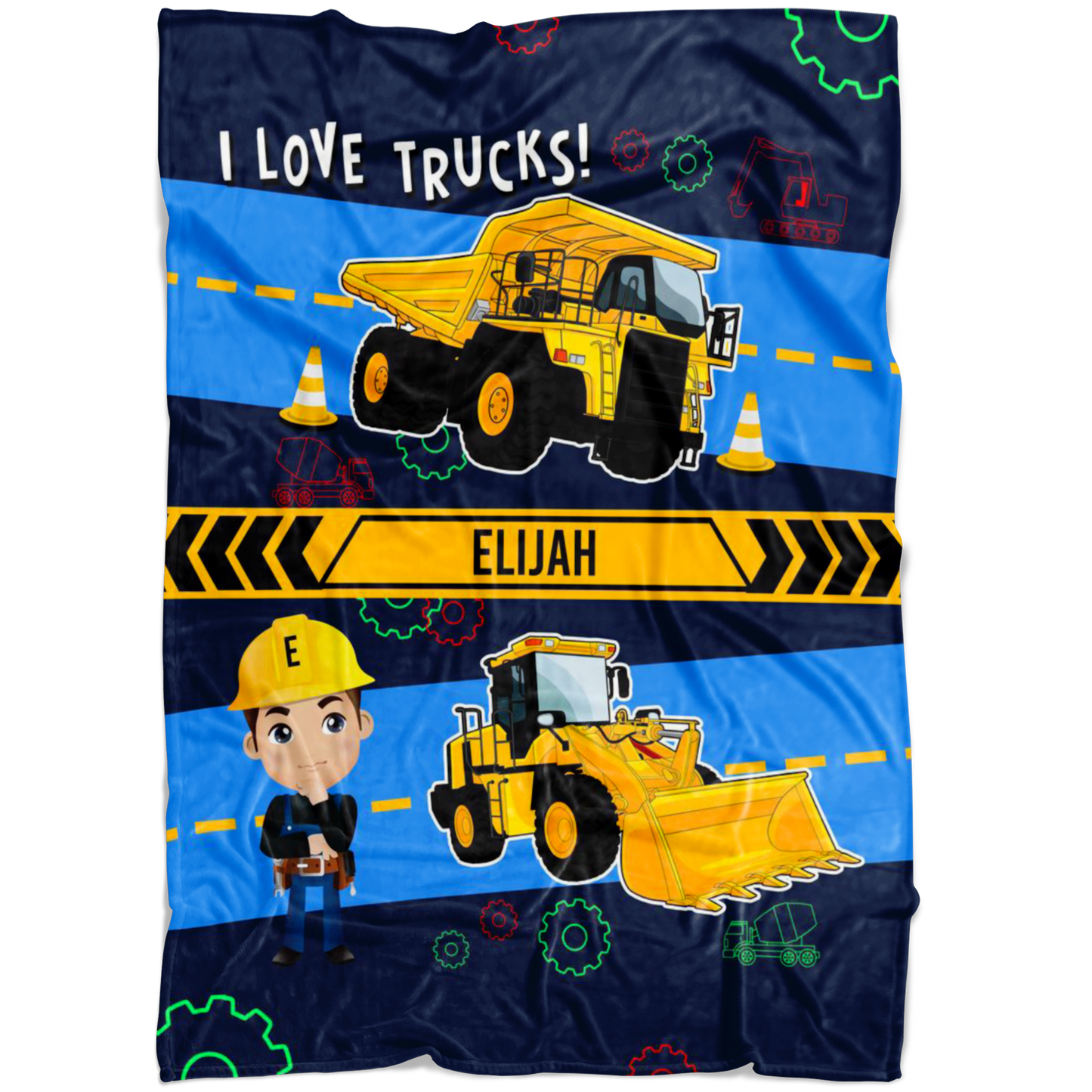 Personalized Name I Love Trucks Blanket for Boys & Girls with Character Personalization - Elijah
