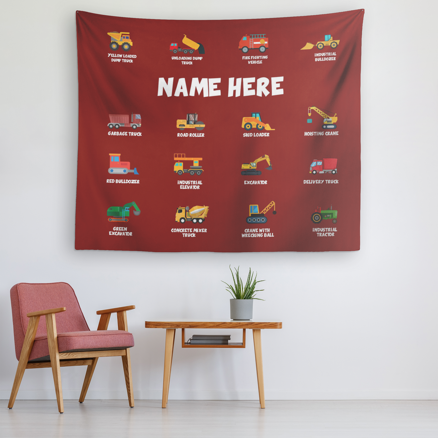 Personalized Name Construction Machines Wall Tapestry for Kids Room