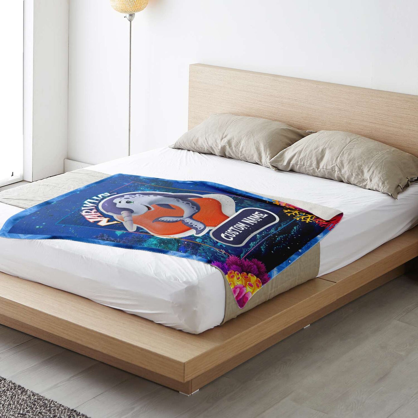 Personalized Name Narwhal Blanket, Custom Name Sea Animals Blanket for Boys & Girls