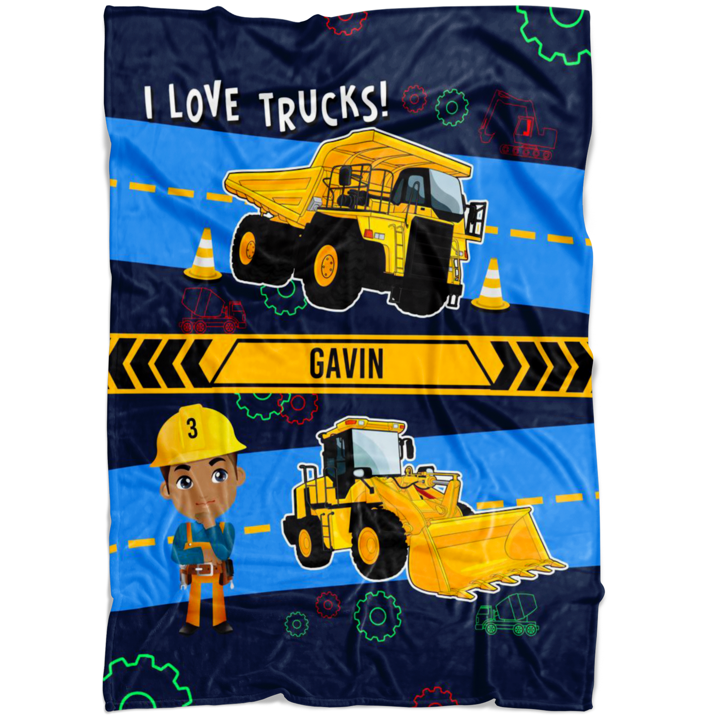 Personalized Name I Love Trucks Blanket for Boys & Girls with Character Personalization - Gavin