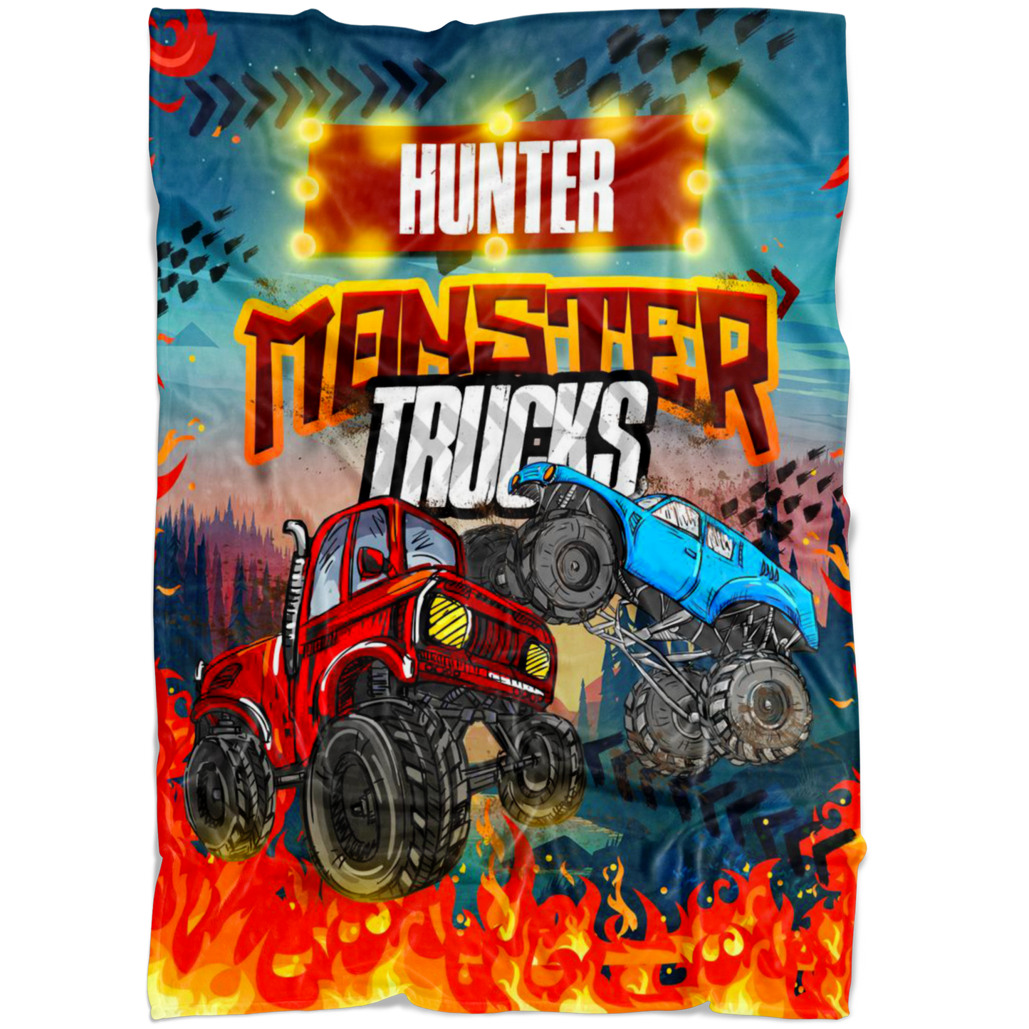 Personalized Name Monster Truck Blanket for Boys & Girls, Childrens Blanket - HUNTER