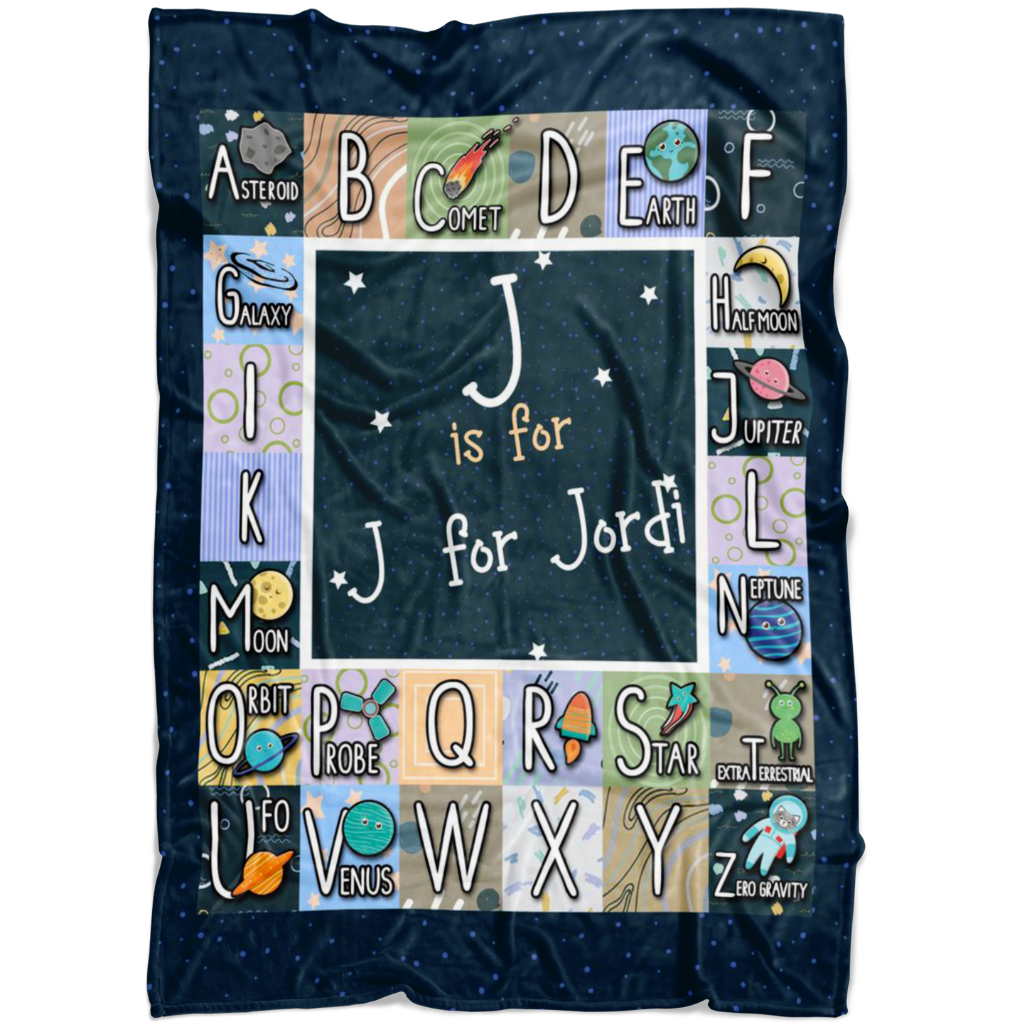 Personalized Name ABC Alphabet Space, Solar System Blanket for Kids - J for Jordi