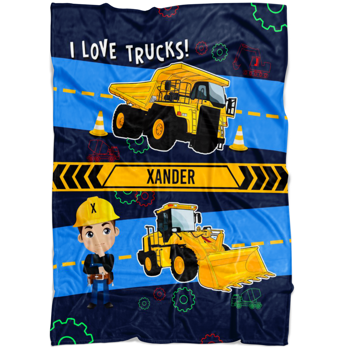 Personalized Name I Love Trucks Blanket for Boys & Girls with Character Personalization - Xander