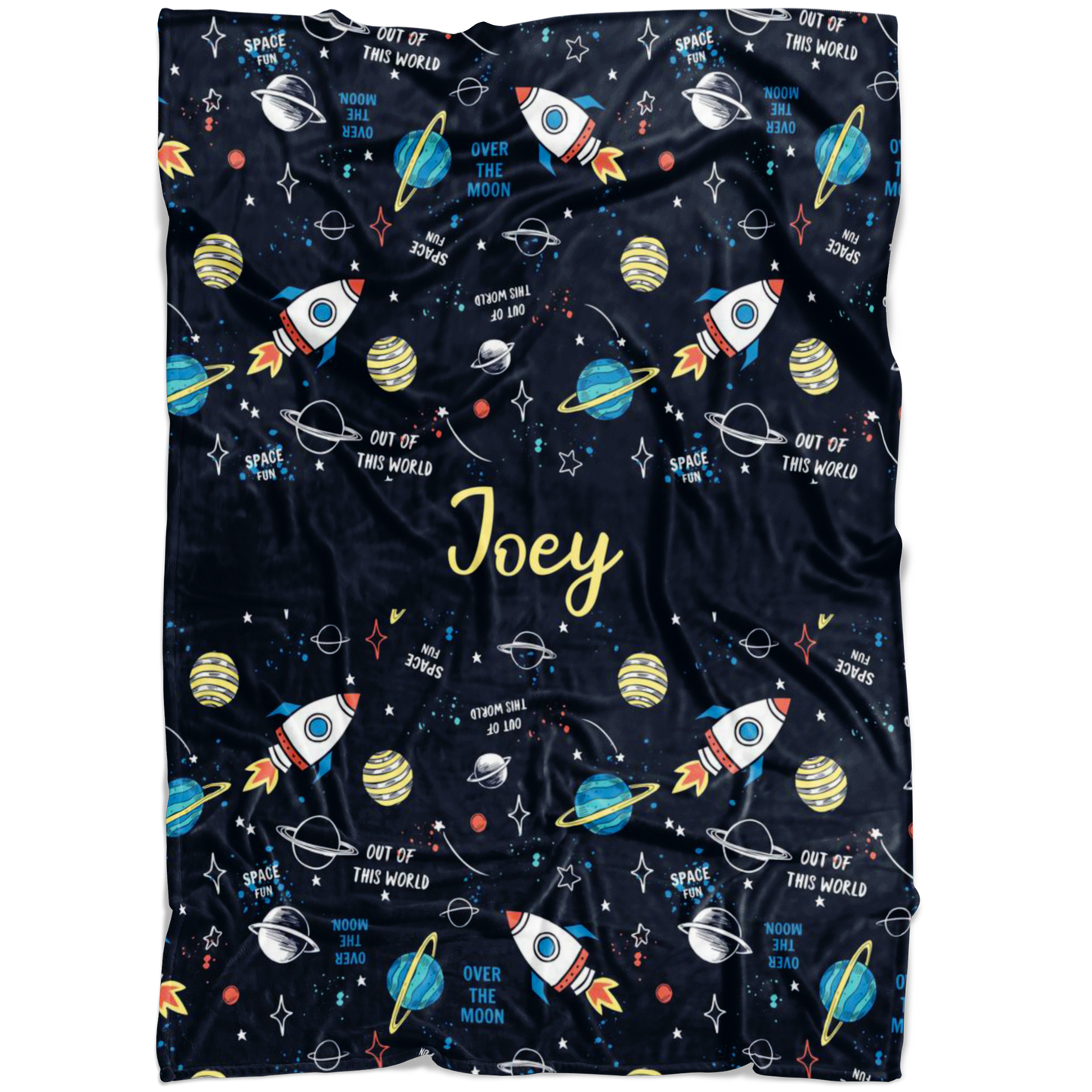 Personalized Name Space Blanket with Rockets & Planets for Boys & Girls - Joey