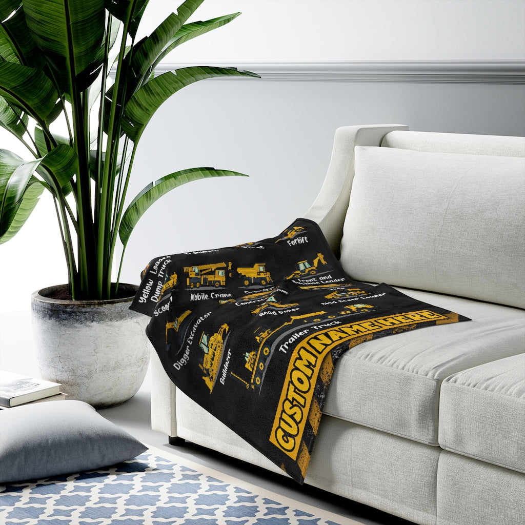 Personalized Name Construction Machinery Blanket for Kids, Custom Name Velveteen Plush Blanket For Boys & Girls