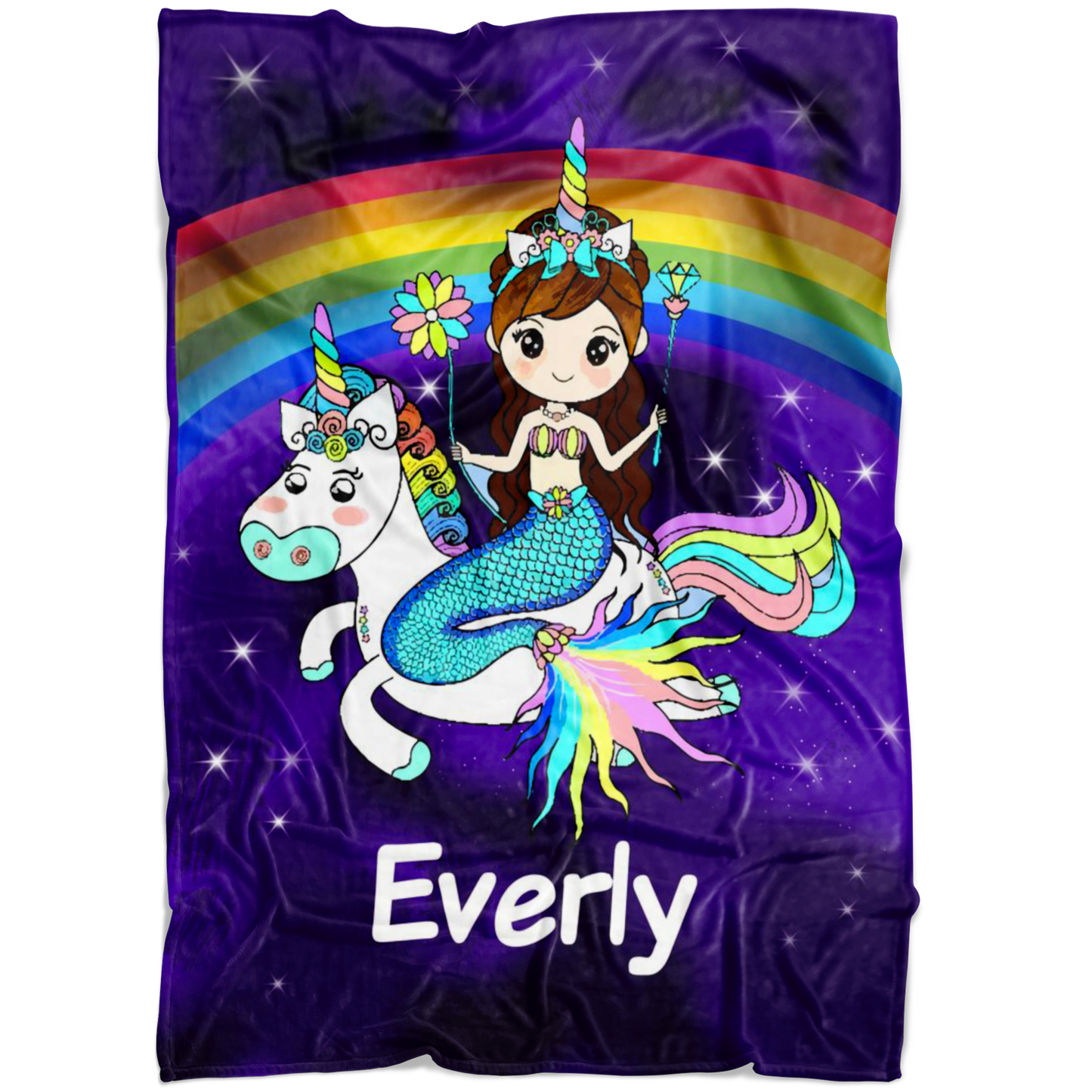 Personalized Name Mermaid & Unicorn Rainbow Blanket for Girls & Boys, Custom Name Blanket for Kids - Everly