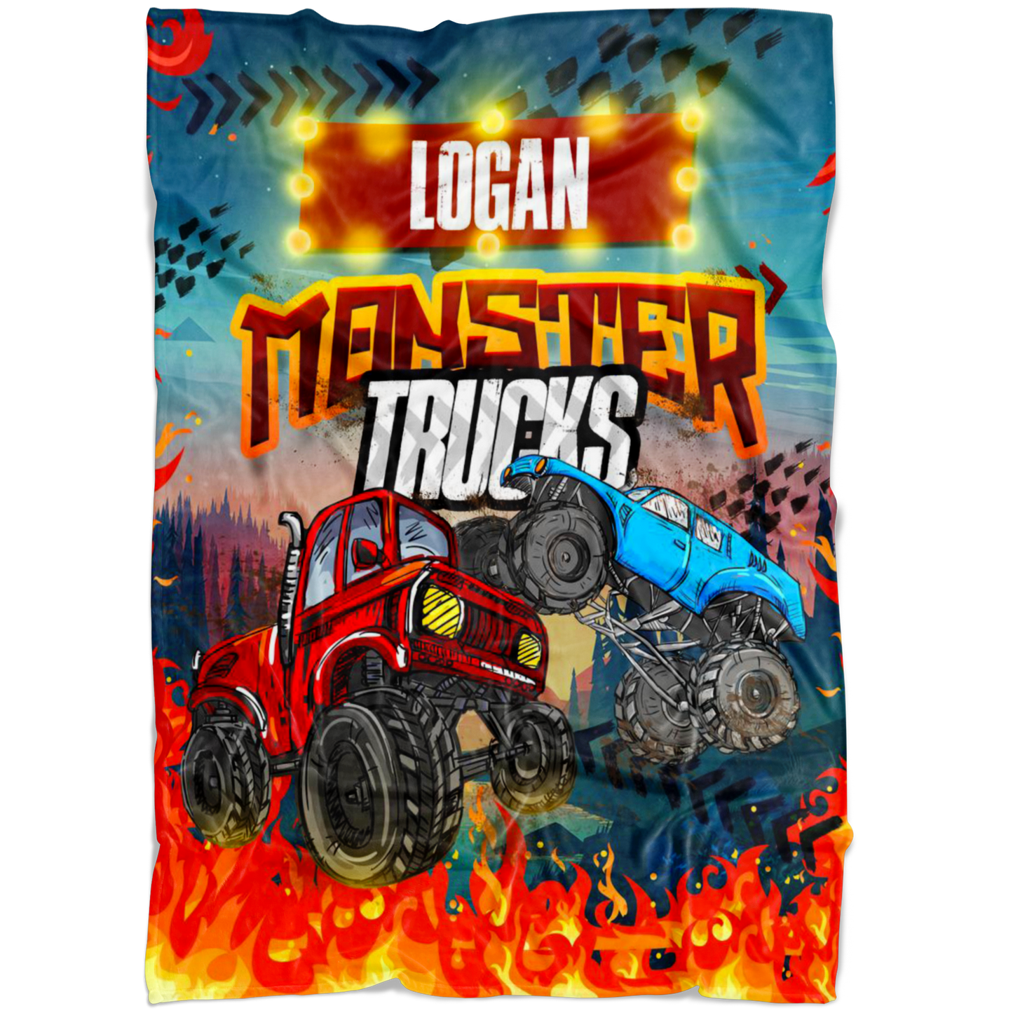Personalized Name Monster Truck Blanket for Boys & Girls, Childrens Blanket - Logan
