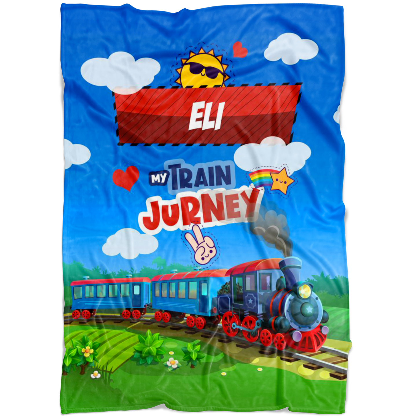 Personalized Name Train in Mountains Blanket for Kids - Eli