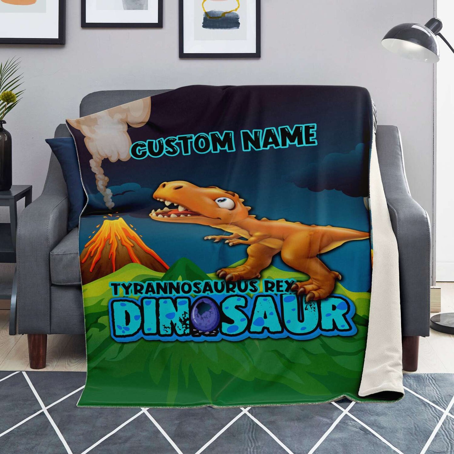 Personalized Name Tyrannosaurus Rex Dinosaur Blanket for Kids, Custom Name Blanket for Boys & Girls