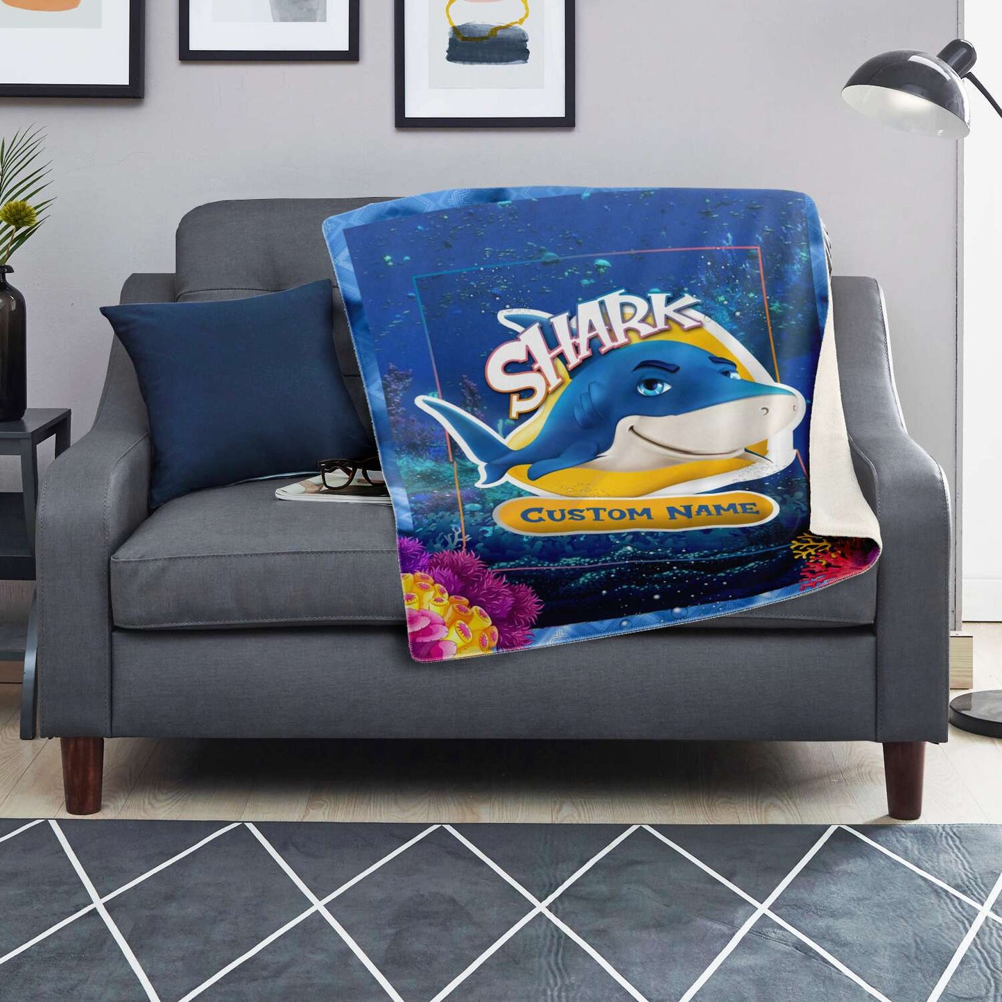 Personalized Name Shark Blanket, Custom Name Sea Animals Blanket for Boys & Girls