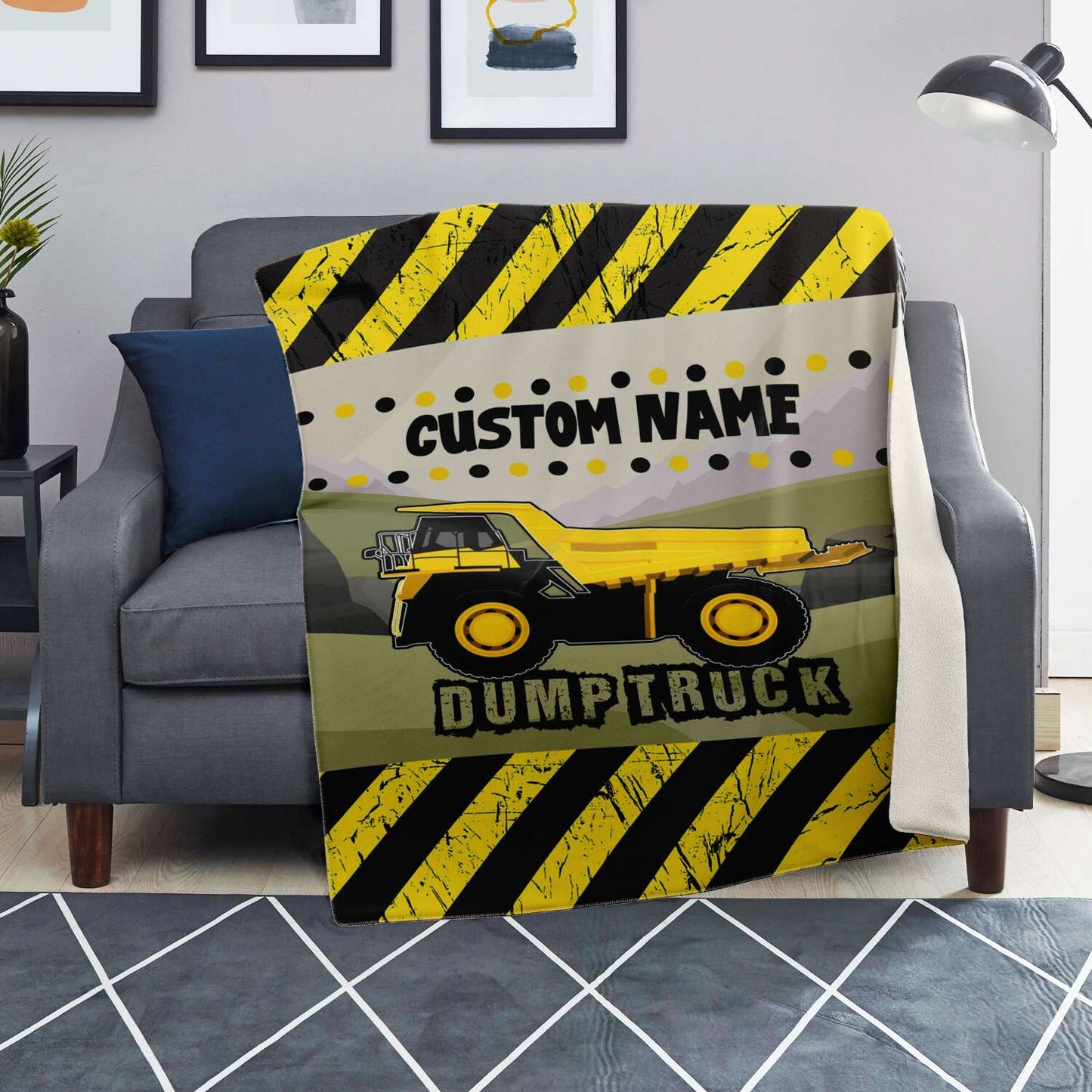 Personalized Name Dump Truck Blanket for Kids, Boys and Girls Custom Name Blanket
