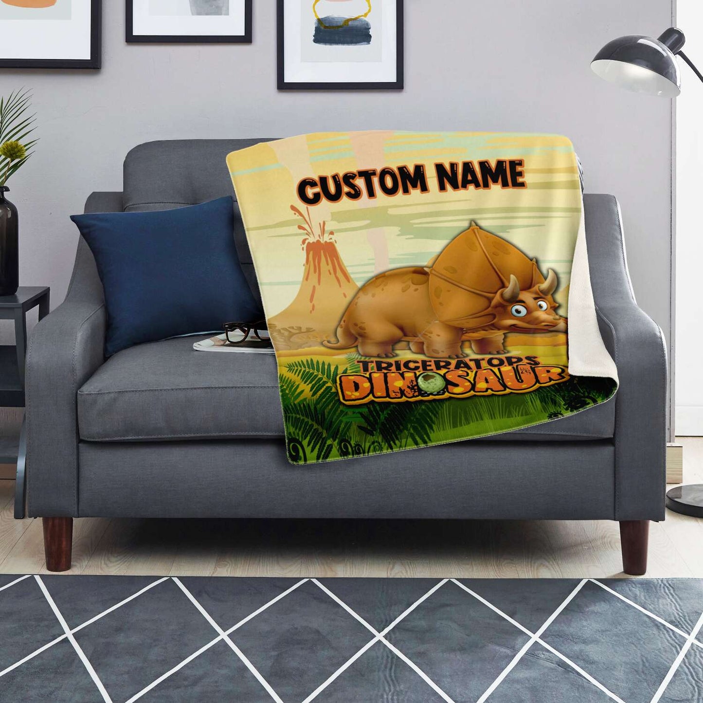 Personalized Name Triceratops Dinosaur Blanket for Kids, Custom Name Blanket for Boys & Girls