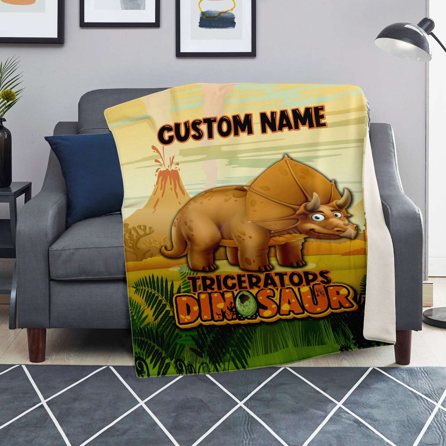 Personalized Name Triceratops Dinosaur Blanket for Kids, Custom Name Blanket for Boys & Girls
