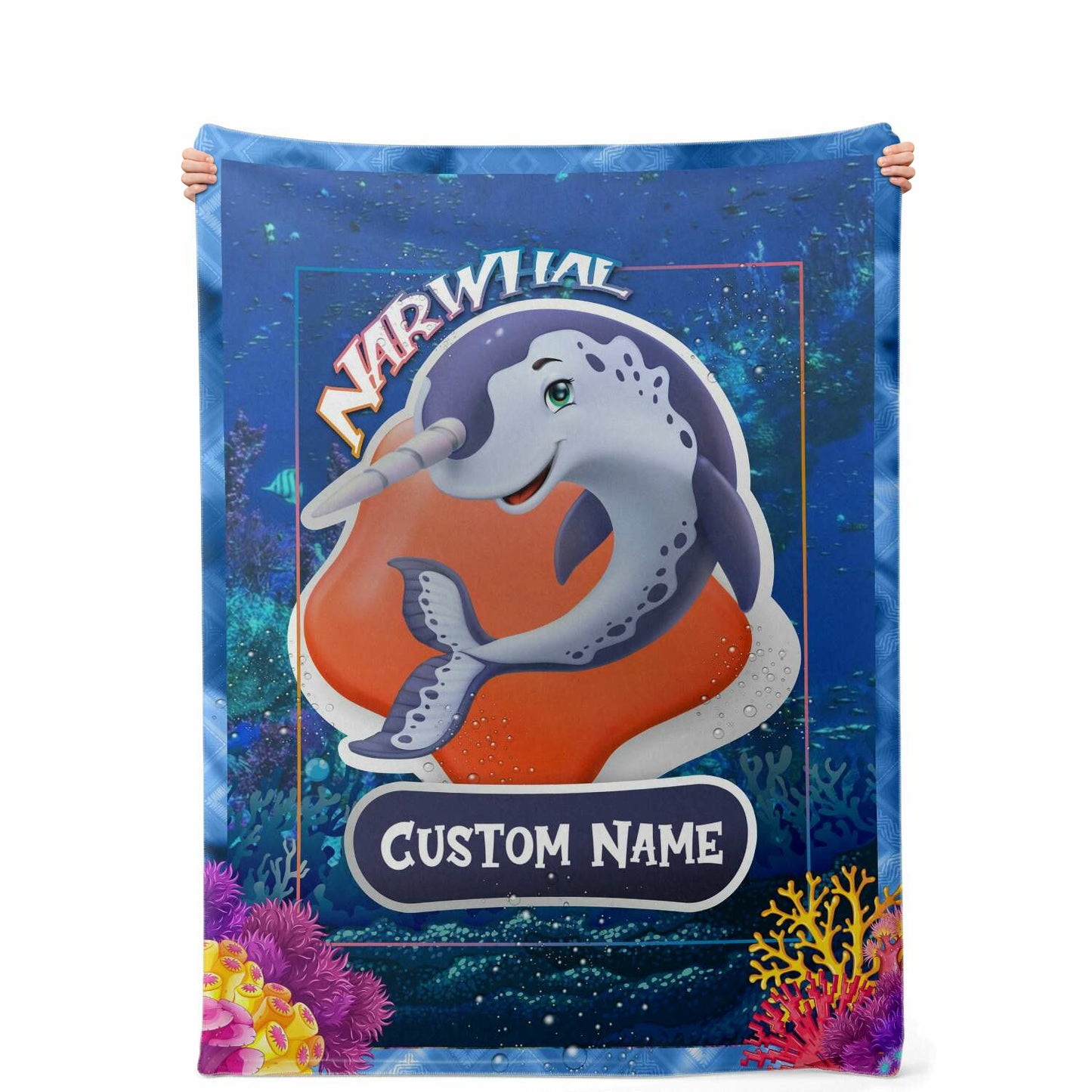 Personalized Name Narwhal Blanket, Custom Name Sea Animals Blanket for Boys & Girls