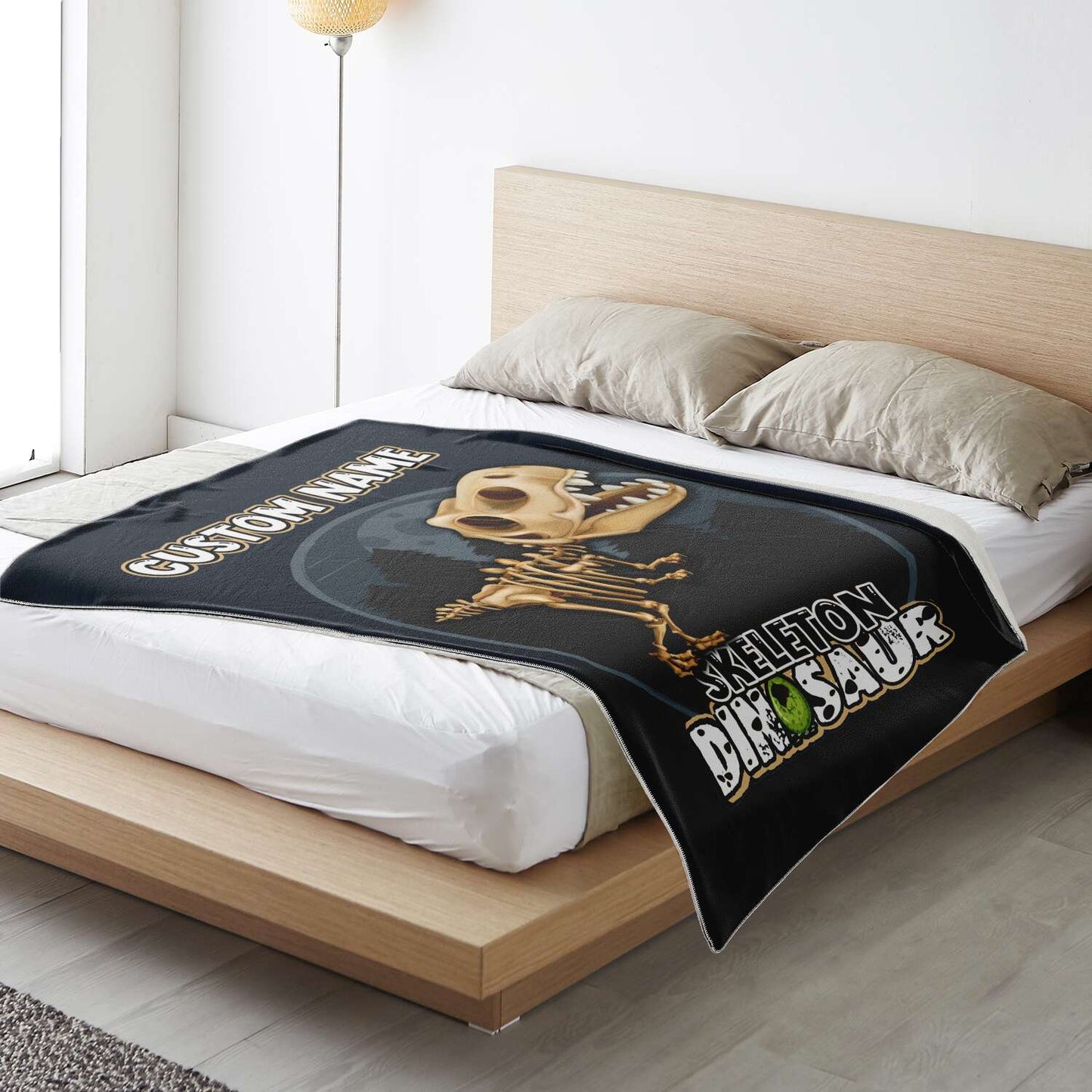 Personalized Name T-Rex Skeleton Dinosaur Blanket for Kids, Custom Name Blanket for Boys & Girls