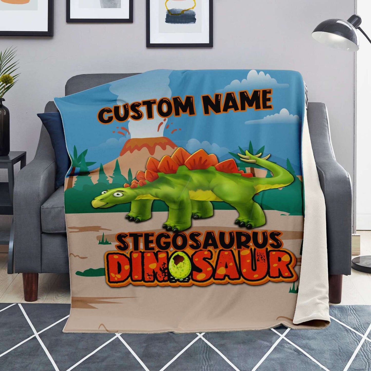 Personalized Name Stegosaurus Dinosaur Blanket for Kids, Custom Name Blankets for Boys & Girls
