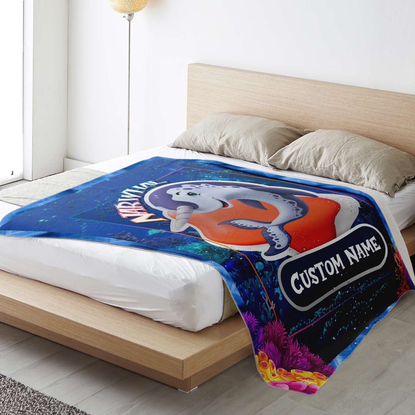 Personalized Name Narwhal Blanket, Custom Name Sea Animals Blanket for Boys & Girls