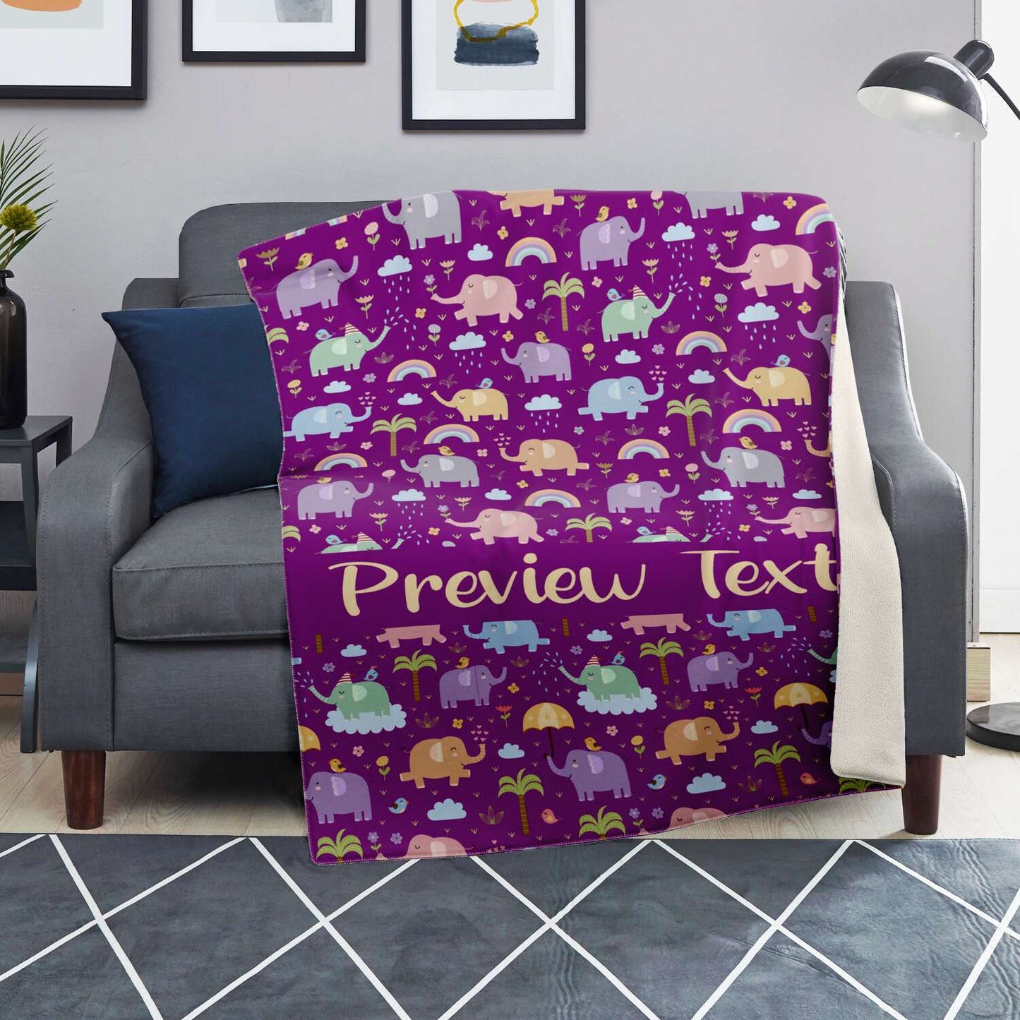 Personalized Name Elephant Pattern Purple Blanket for Kids, Girls & Boys