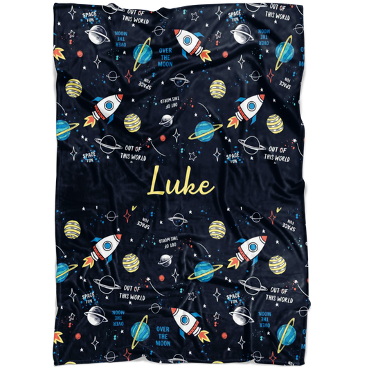 Personalized Name Space Blanket with Rockets & Planets for Boys & Girls - Luke