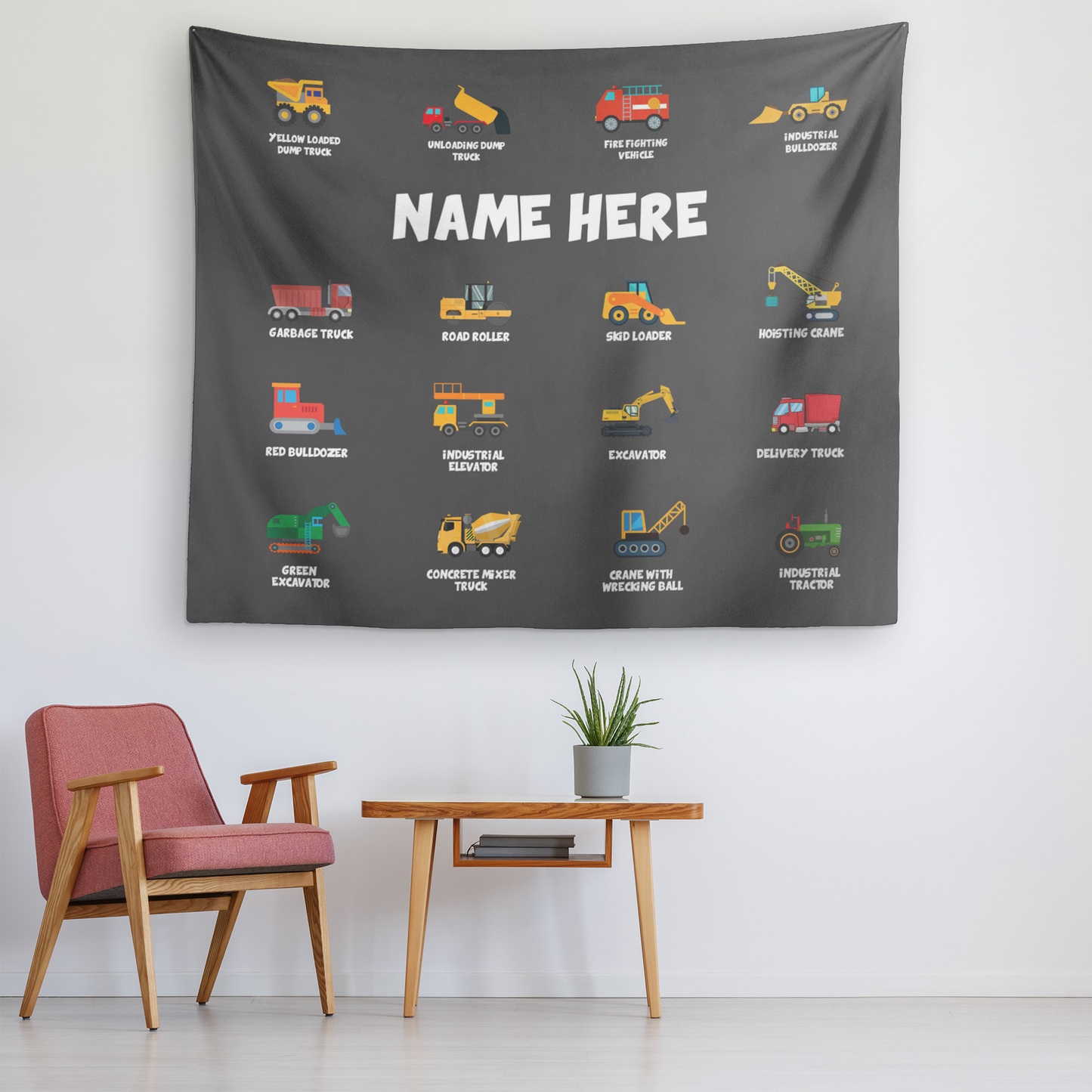 Personalized Name Construction Machines Wall Tapestry for Kids Room