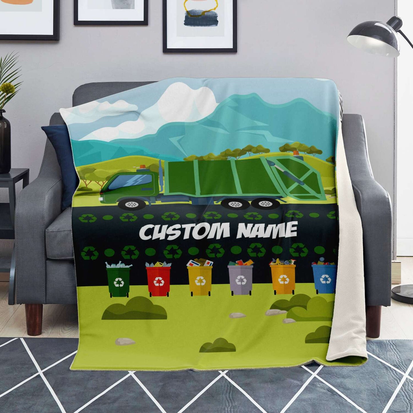 Personalized Name Garbage Truck Blanket for Kids, Custom Name Blanket for Boys & Girls