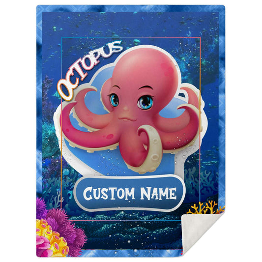 Personalized Name Octopus Blanket, Custom Name Sea Animals Blanket for Boys & Girls