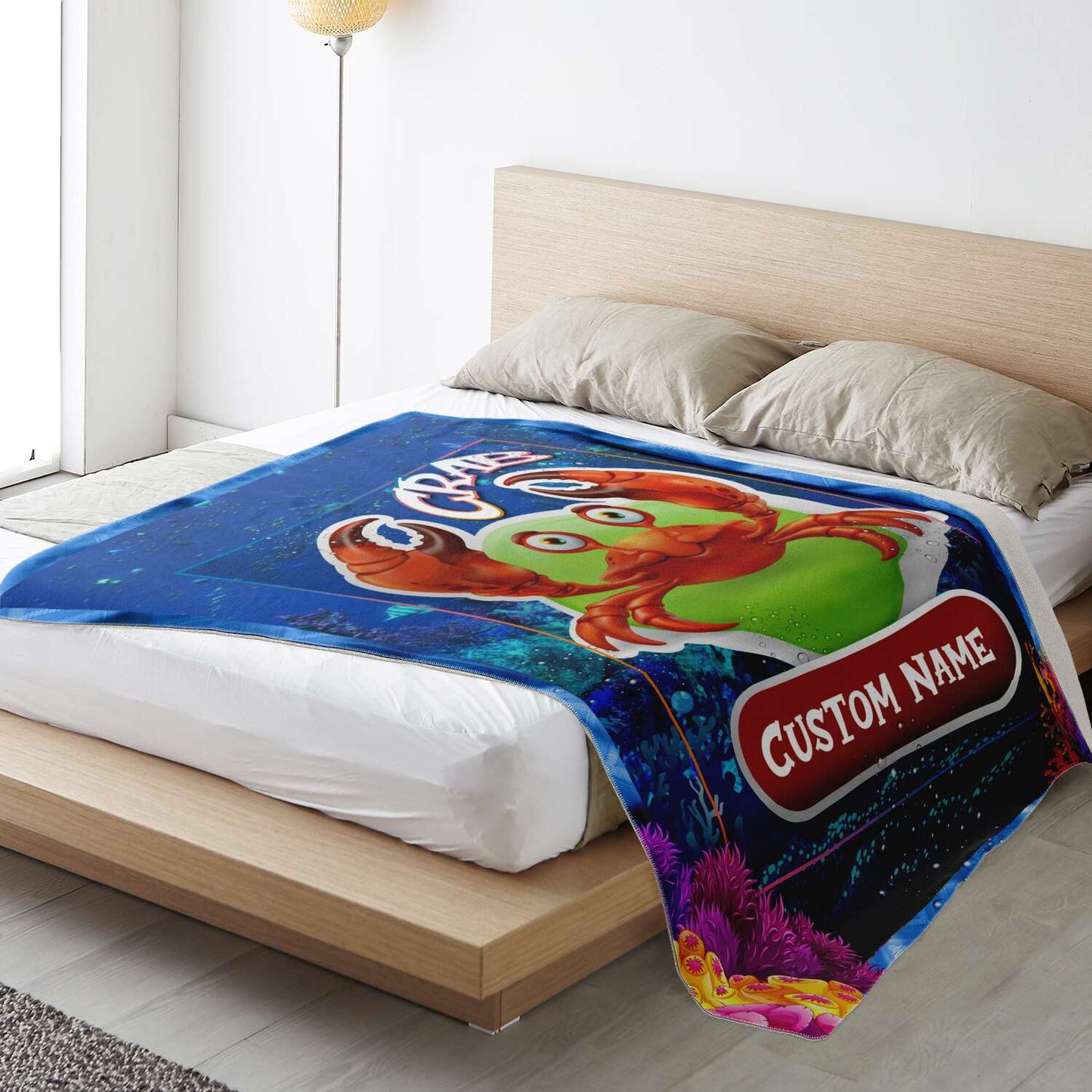 Personalized Name Crab Blanket, Custom Name Sea Animals Blanket for Boys & Girls