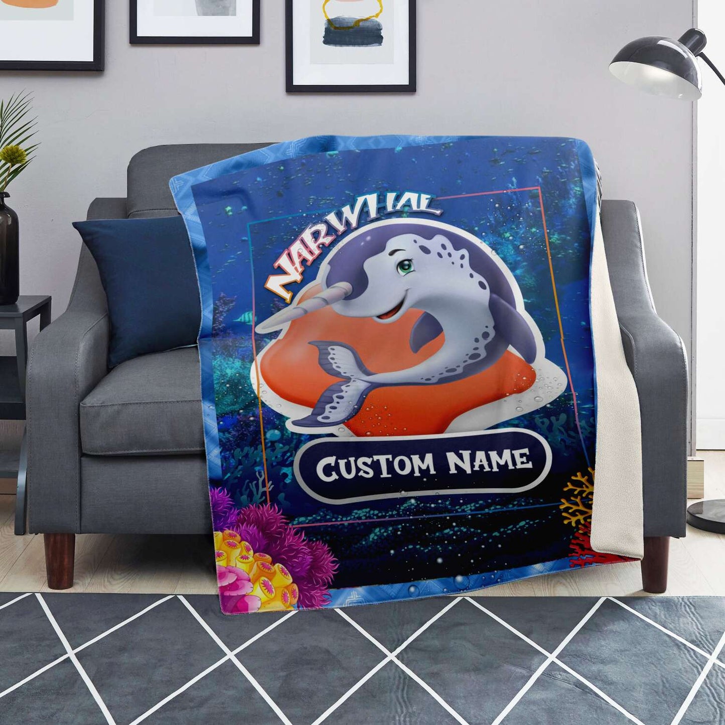 Personalized Name Narwhal Blanket, Custom Name Sea Animals Blanket for Boys & Girls