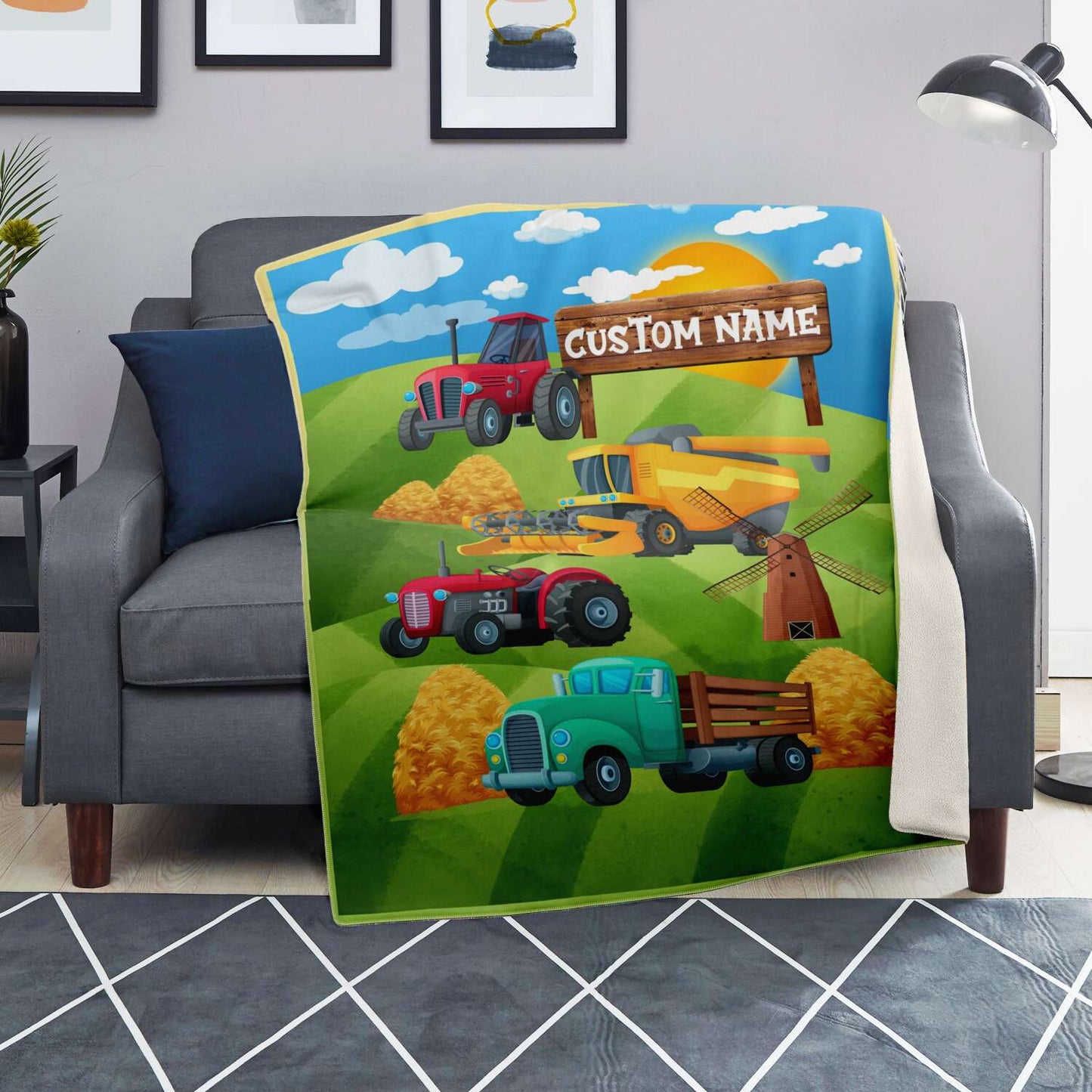 Personalized Name Farm Machinery Tractor Blanket for Kids, Custom Name Blanket for Boys & Girls