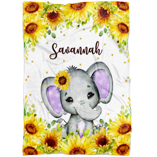 Personalized Name Cute Elephant with Sunflowers Blanket for Girls - Savannah