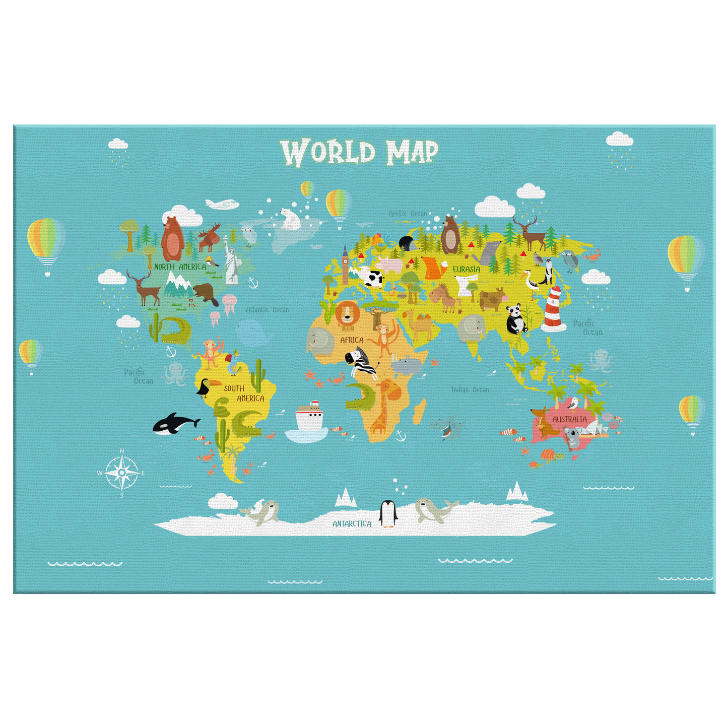 Blue Map of World for Kids with Animals, Canvas Wall Art for Children's Room, Learning, Educational Map for Boys & Girls