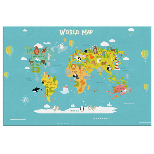 Blue Map of World for Kids with Animals, Canvas Wall Art for Children's Room, Learning, Educational Map for Boys & Girls
