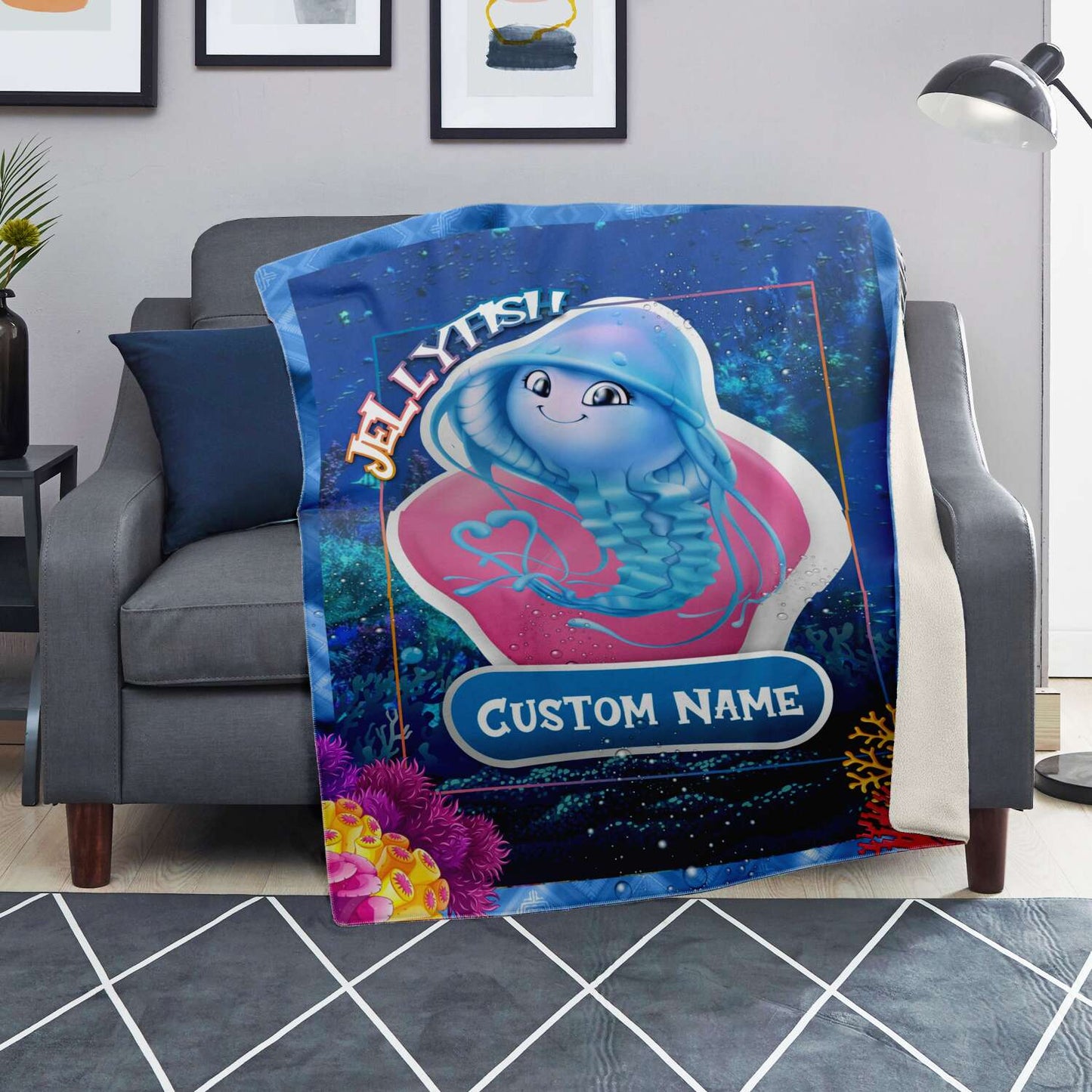 Personalized Name Jellyfish Blanket, Custom Name Sea Animals Blanket for Boys & Girls