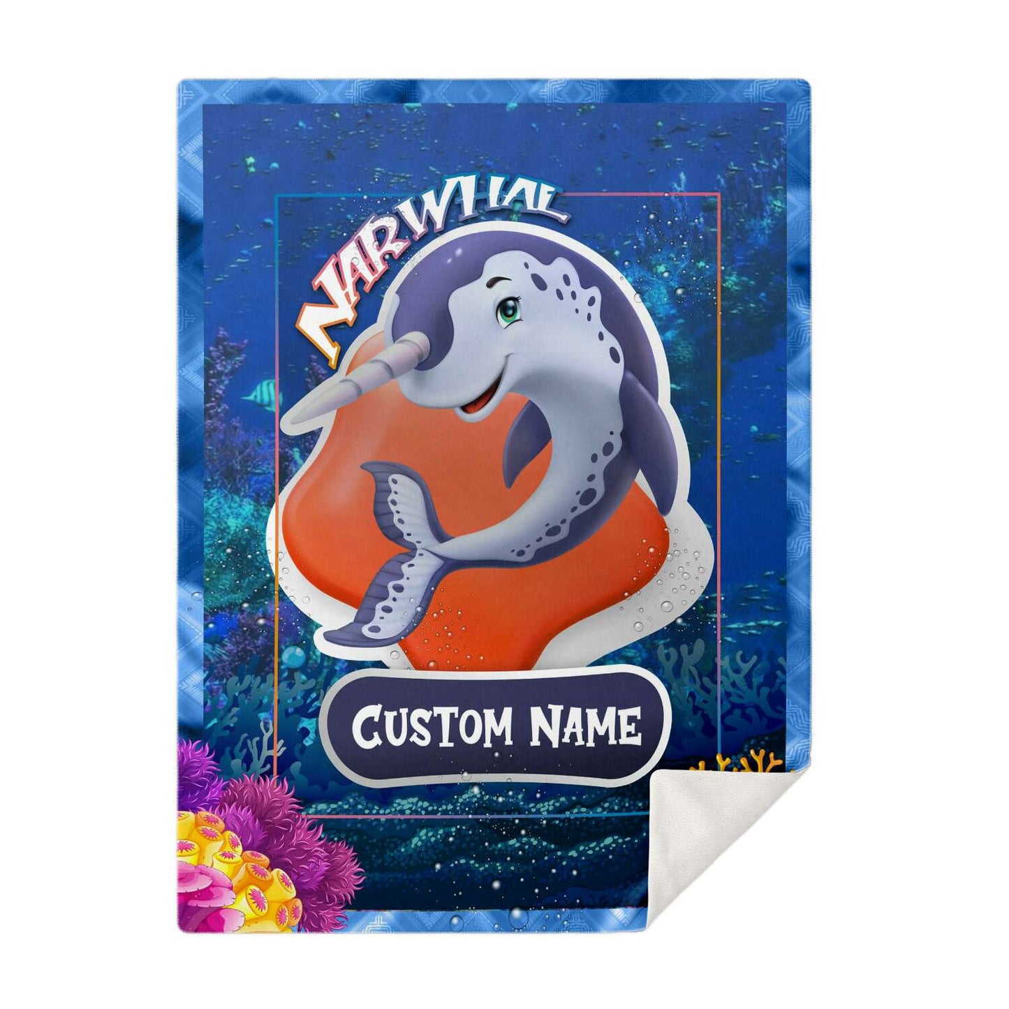 Personalized Name Narwhal Blanket, Custom Name Sea Animals Blanket for Boys & Girls