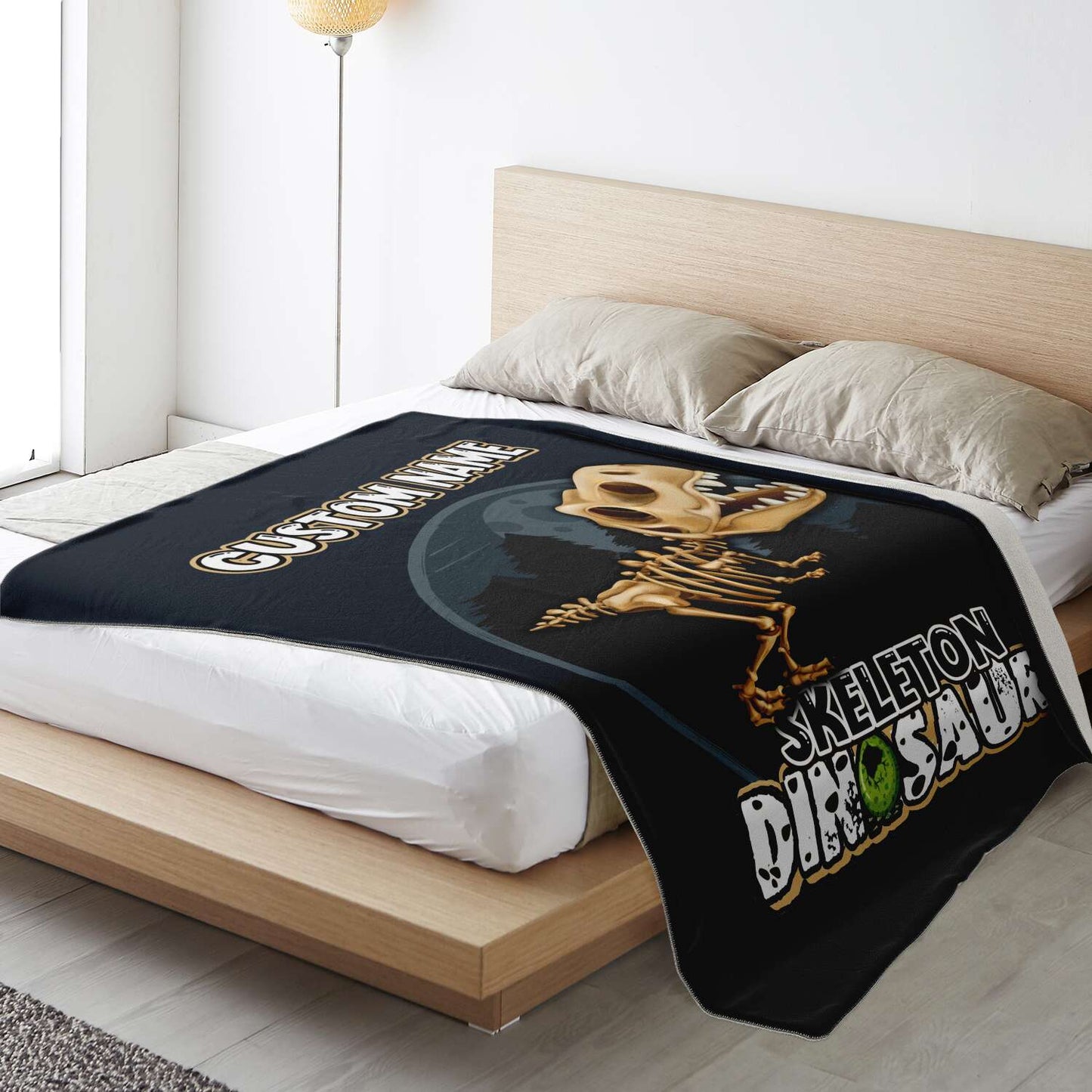 Personalized Name T-Rex Skeleton Dinosaur Blanket for Kids, Custom Name Blanket for Boys & Girls