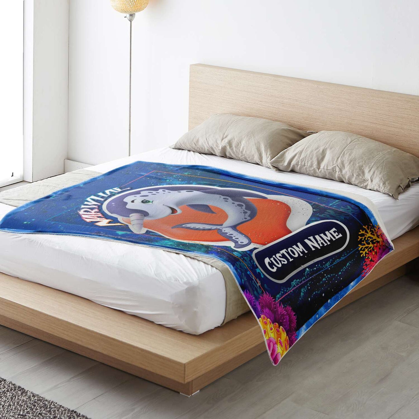 Personalized Name Narwhal Blanket, Custom Name Sea Animals Blanket for Boys & Girls