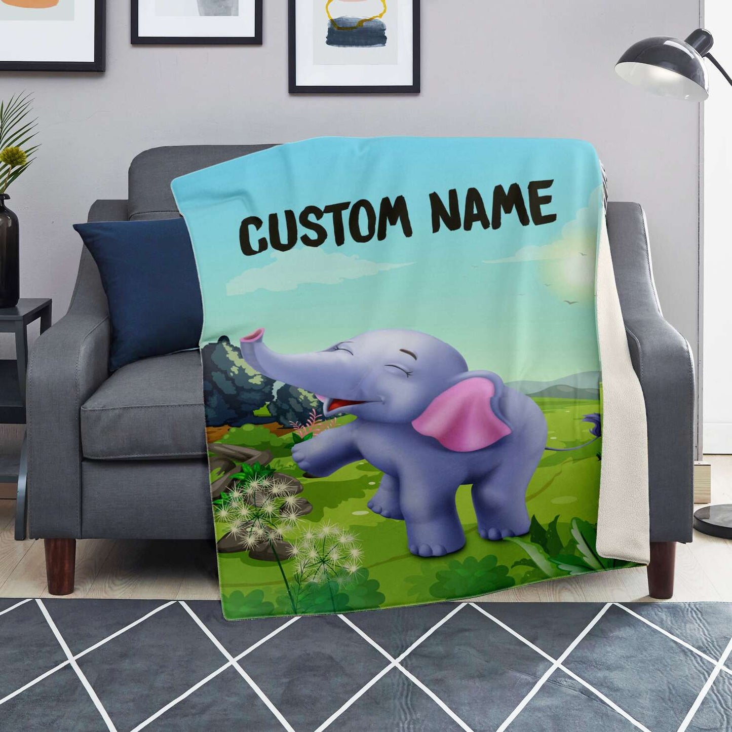 Personalized Name Elephant Blanket, Custom Name Wild Animals Blanket for Boys & Girls