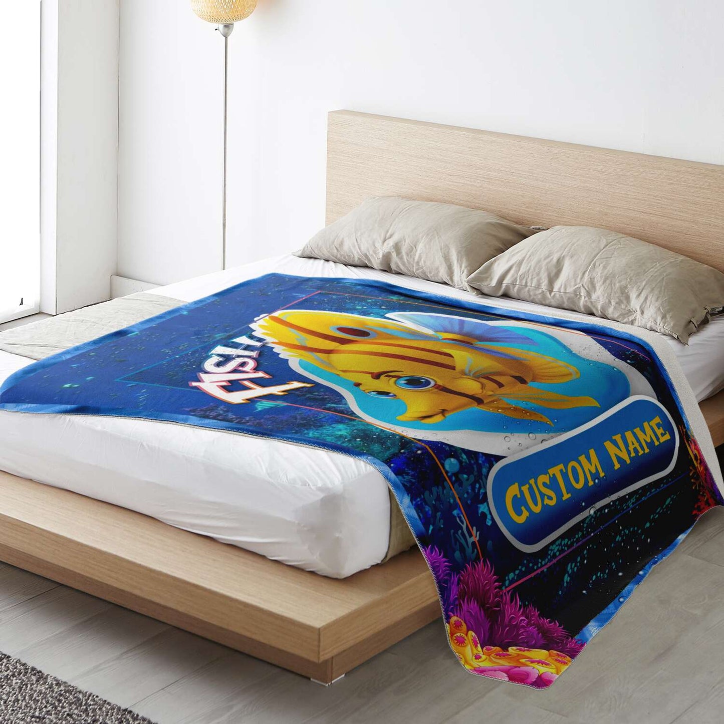 Personalized Name Fish Blanket, Custom Name Sea Animals Blanket for Boys & Girls