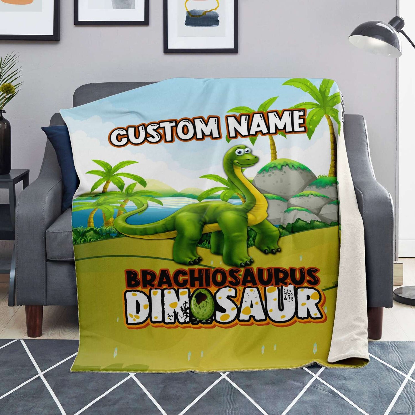 Personalized Name Brachiosaurus Dinosaur Blanket for Kids, Custom Name Blanket for Boys & Girls