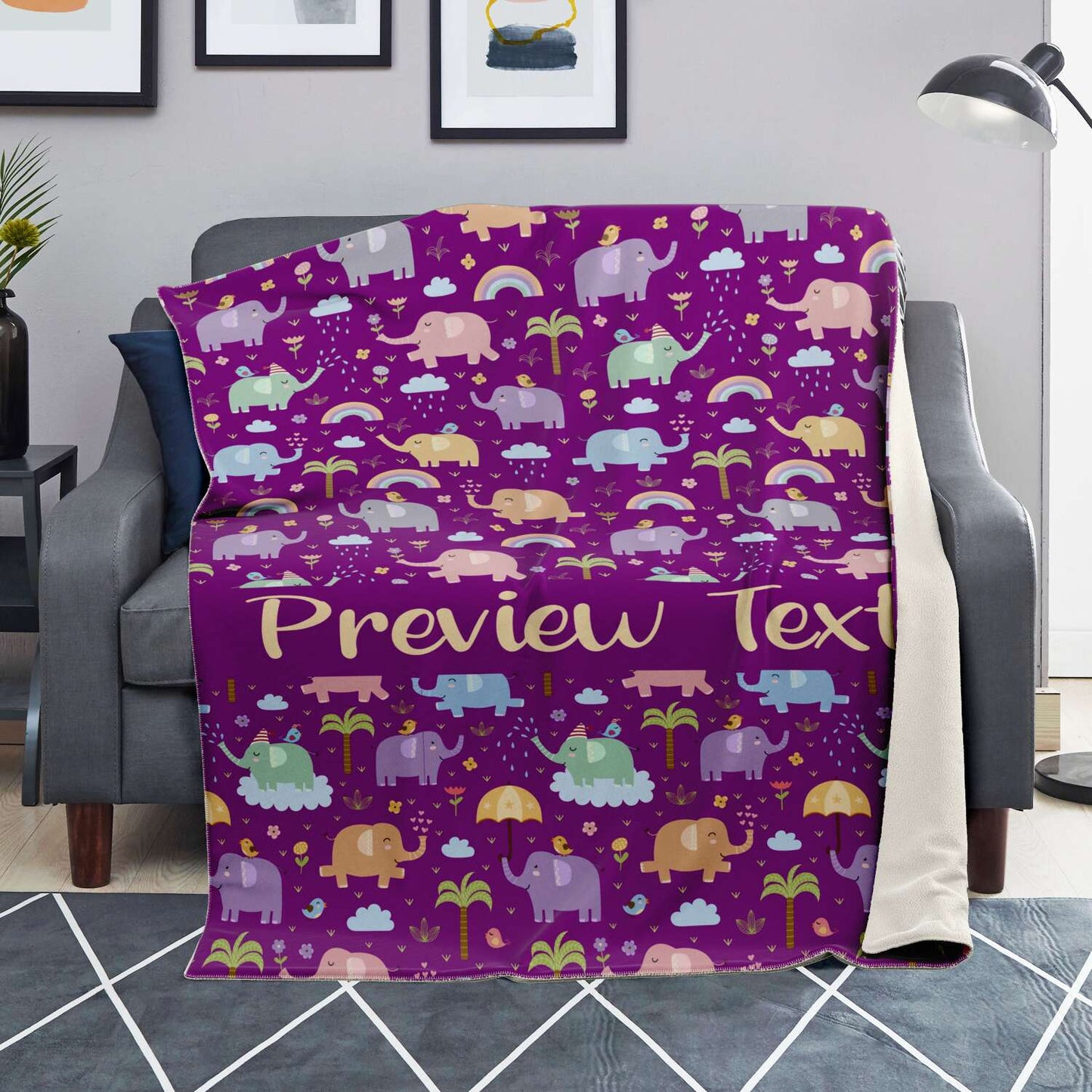 Personalized Name Elephant Pattern Purple Blanket for Kids, Girls & Boys