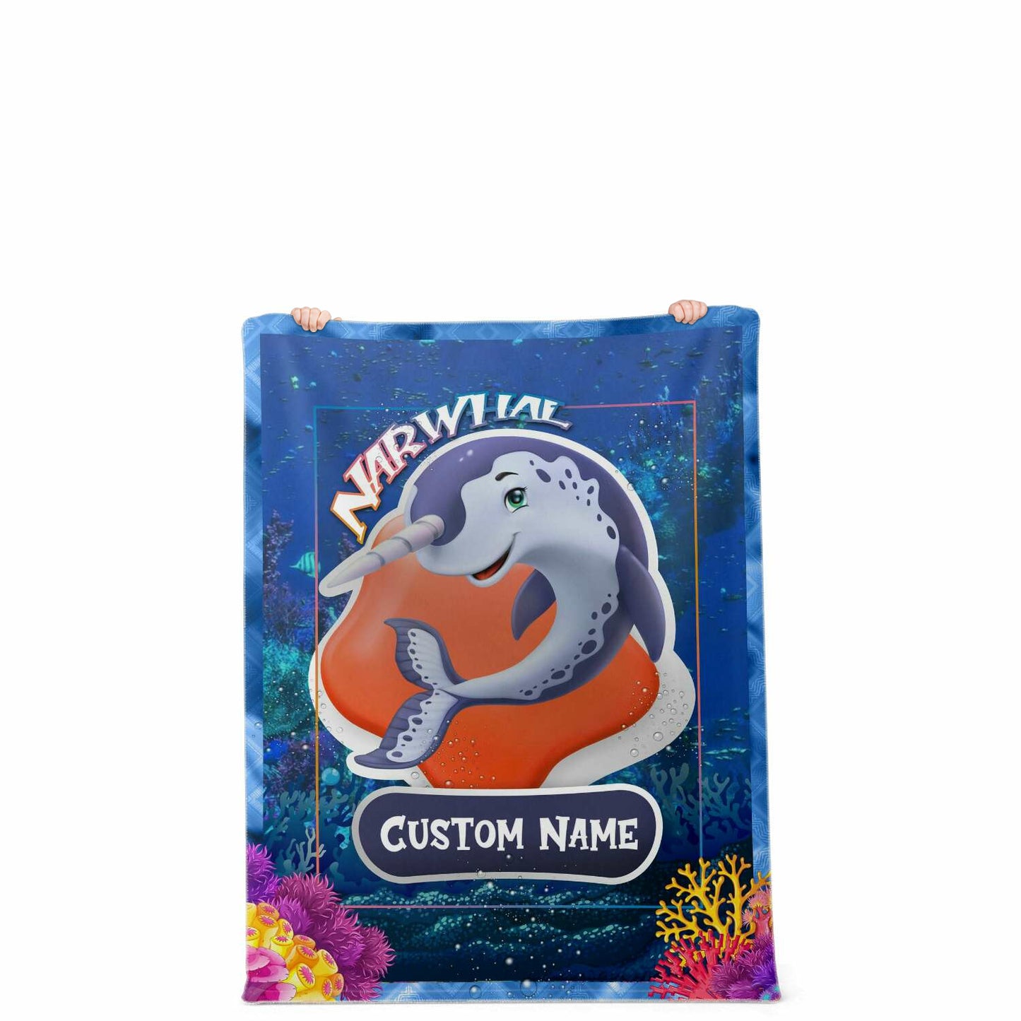 Personalized Name Narwhal Blanket, Custom Name Sea Animals Blanket for Boys & Girls