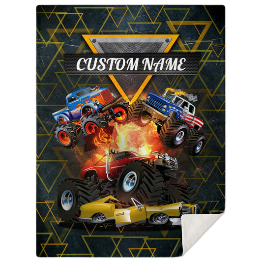 Personalized Name Monster Truck Blanket for Kids, Custom Name Blanket for Boys & Girls