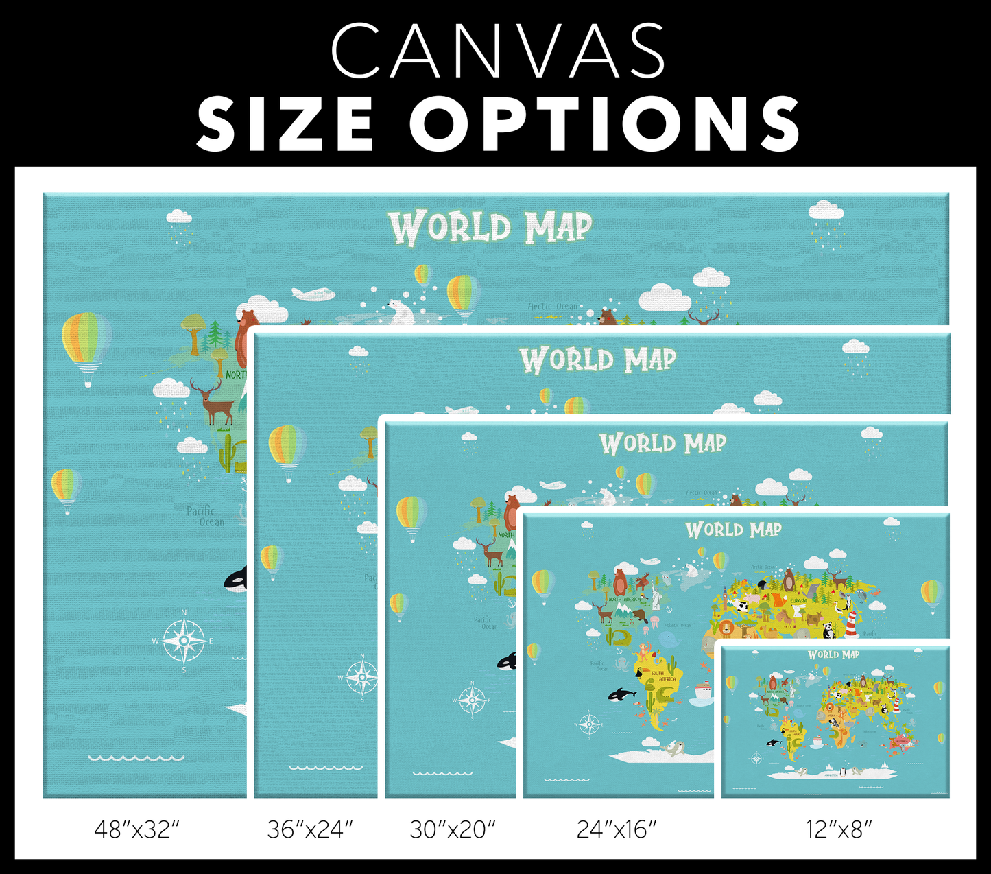 Blue Map of World for Kids with Animals, Canvas Wall Art for Children's Room, Learning, Educational Map for Boys & Girls