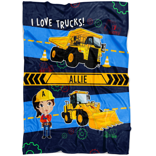 Personalized Name I Love Trucks Blanket for Boys & Girls with Character Personalization - Allie